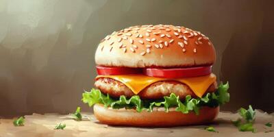 Juicy cheeseburger with lettuce, tomato, and crispy chicken patty served on a sesame seed bun photo