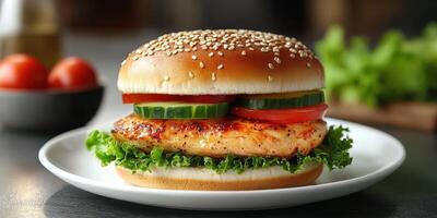 Freshly made grilled chicken sandwich served with vegetables on a plate photo