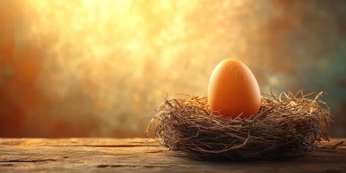 Golden egg nestled in a rustic nest with warm hues in the background during early morning light photo