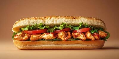 Freshly made sandwich with grilled chicken, lettuce, and tomato on a sesame seed bun photo