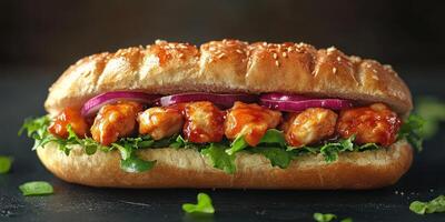 Delicious sesame sandwich filled with spicy chicken and fresh vegetables on a rustic background photo