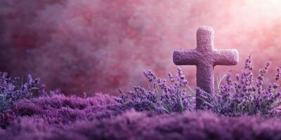 Unmarked grave adorned with lavender flowers during golden hour in a serene and tranquil setting photo