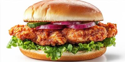 Juicy fried chicken sandwich topped with crisp lettuce, onions, and pickles on a toasted bun photo