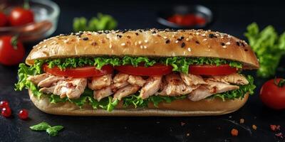 Freshly made chicken sandwich with crispy lettuce and ripe tomatoes on a sesame seed hoagie roll photo