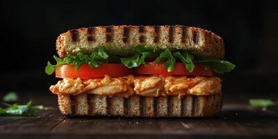 Delicious grilled chicken sandwich with fresh vegetables prepared on a wooden table photo