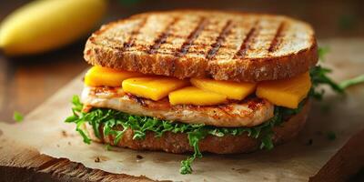 Savory grilled chicken sandwich with fresh mango slices on whole grain bread photo