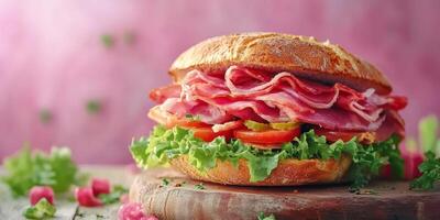 Savory sandwich stacked high with meats, fresh vegetables, and vibrant colors ready for a delicious meal photo