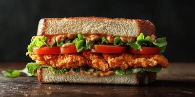 Crispy chicken sandwich with fresh vegetables on whole grain bread served in a rustic setting during the afternoon photo