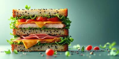 Delicious stacked sandwich with fresh ingredients and layers of meats and cheese on a clean background photo