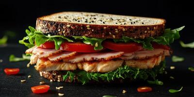 Delicious sandwich featuring grilled chicken, fresh lettuce, and ripe tomatoes on whole grain bread photo