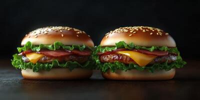 Deliciously stacked burgers with fresh lettuce, cheese, and savory meat against a dark background photo