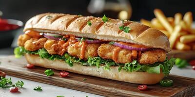 Crispy chicken sub sandwich served with fries and dipping sauce on a wooden board photo