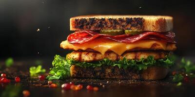 Delicious sandwich stacked with chicken, salami, cheese, and fresh greens on toasted bread in a moody setting photo