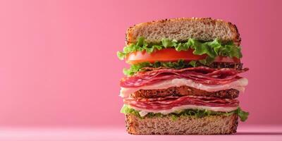 Layered sandwich with meats, lettuce, and tomato on pink background captured in studio setting photo
