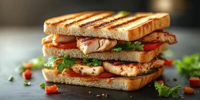 Grilled chicken sandwich stacked with fresh veggies on toasted bread served on a dark surface photo
