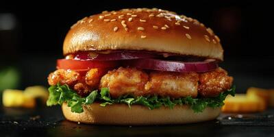 Fried chicken sandwich with lettuce, tomato, and onion served on a sesame seed bun with a dark background photo