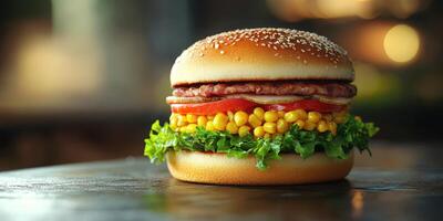 Delicious burger with fresh ingredients served on a rustic table in a casual dining atmosphere photo