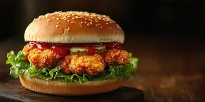 Crispy chicken sandwich with lettuce, pickles, and ketchup served on a toasted sesame seed bun photo