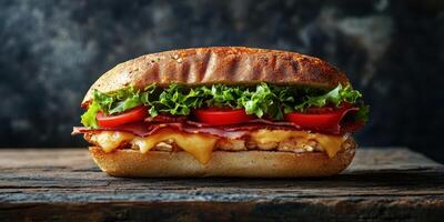 Delicious sandwich layered with fresh vegetables, high-quality meats, and melted cheese on rustic wooden backdrop photo