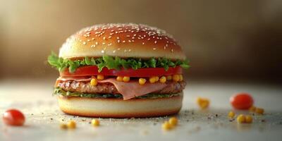 Delicious burger with fresh ingredients served on a sesame seed bun at a casual eatery in the afternoon photo