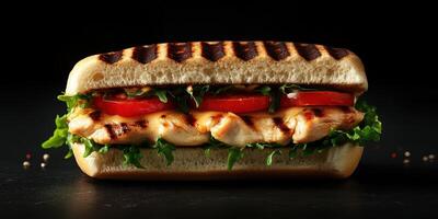 Delicious grilled chicken sandwich with fresh vegetables on a dark background photo