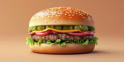 Juicy burger with fresh ingredients on a warm sesame seed bun ready for a delicious meal experience photo