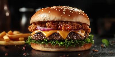 Juicy burger with crispy chicken, melted cheese, and fresh lettuce served with golden fries in a cozy setting photo