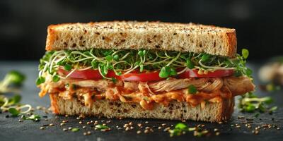 Delicious freshly made sandwich with sprouts, chicken, and tomatoes served on whole grain bread photo