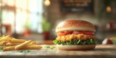 Juicy chicken burger with lettuce, tomato, and crispy fries in a cozy restaurant setting photo