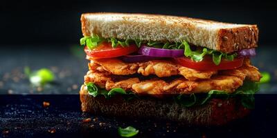 Fresh chicken sandwich stacked with lettuce, tomato, and onion on whole grain bread photo
