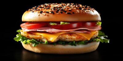 Delicious hamburger with layers of cheese, ham, tomato, and lettuce on a sesame seed bun presented against a dark background photo
