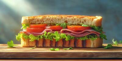 Delicious club sandwich with fresh vegetables and toasted bread displayed on a wooden surface photo