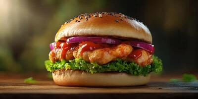 Delicious chicken sandwich with fresh toppings served on a wooden table in a natural setting photo