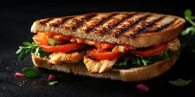 Grilled chicken sandwich with fresh vegetables served on toasted whole grain bread photo