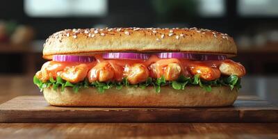 Delicious sandwich with grilled chicken, fresh lettuce, and vibrant onions served on a wooden board in a cozy restaurant setting photo