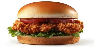 Crispy fried chicken sandwich with fresh lettuce and tomato on a soft bun served in a casual setting photo