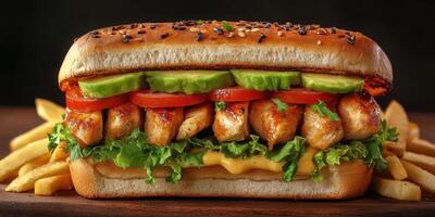 Delicious grilled chicken sandwich with fresh toppings and crispy fries served in a casual dining setting photo