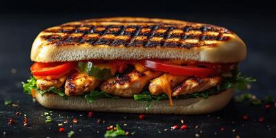 Grilled chicken sandwich with fresh toppings served on a soft bun during mealtime photo