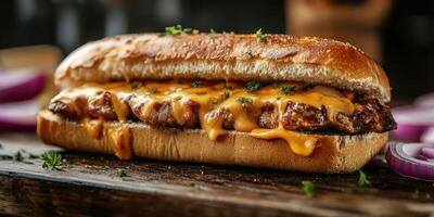 Delicious cheesy sandwich with grilled meat and fresh herbs served on a wooden table photo