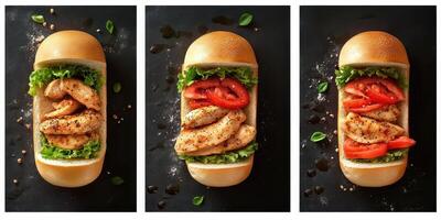 Delicious grilled chicken sandwich with fresh vegetables in three different presentations on a dark background photo