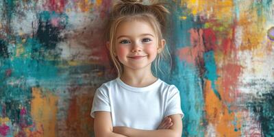 Smiling child stands confidently in front of a vibrant abstract mural with colorful patterns and textures photo