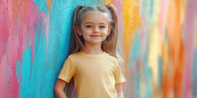 Young girl poses against a vibrant mural in a joyful outdoor setting on a sunny day photo