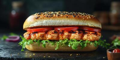 Grilled chicken sandwich with fresh vegetables served on a rustic table photo