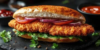 Crispy fried chicken sandwich with fresh vegetables served on a black stone plate photo