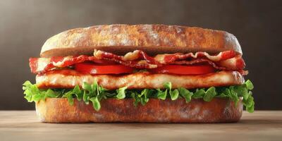 Delicious sandwich layered with crispy bacon, fresh lettuce, and tomato on rustic bread, perfect for any meal time photo