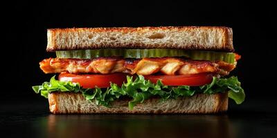 Delicious sandwich featuring grilled chicken, fresh vegetables, and tangy pickles on whole grain bread served against a dark background photo