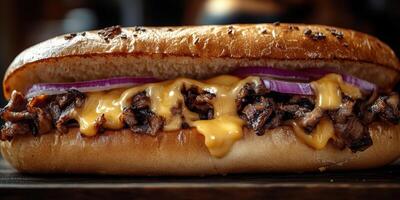 Juicy beef sandwich with melted cheese and onions served in a toasted bun at a local diner photo