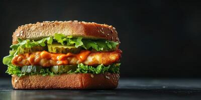 Tasty chicken sandwich with lettuce and pickles served on whole grain bread with spicy sauce photo