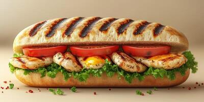 Grilled chicken sandwich with fresh vegetables served on a toasted hoagie roll photo