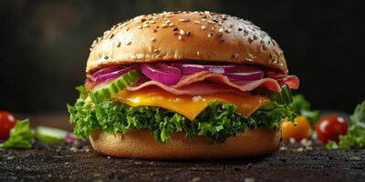 Delicious gourmet burger with fresh ingredients served on a wooden table photo